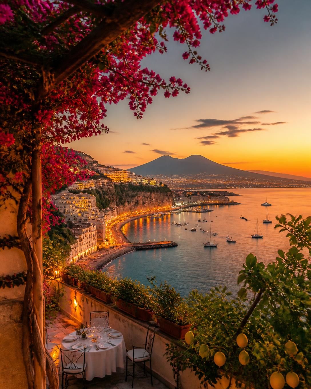 Vista panoramica al tramonto sulla Costiera Amalfitana dal balcone di lusso a Sorrento