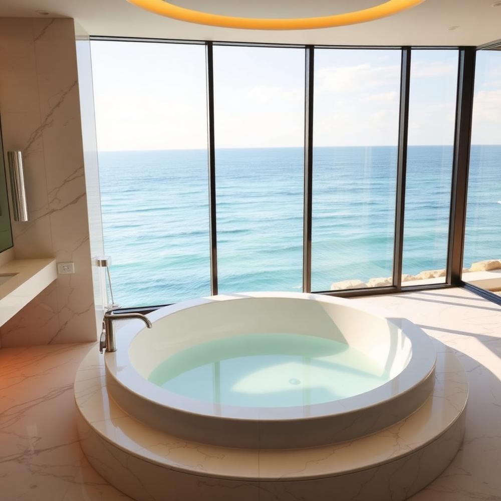 Bagno di lusso con vasca idromassaggio rotonda vista mare