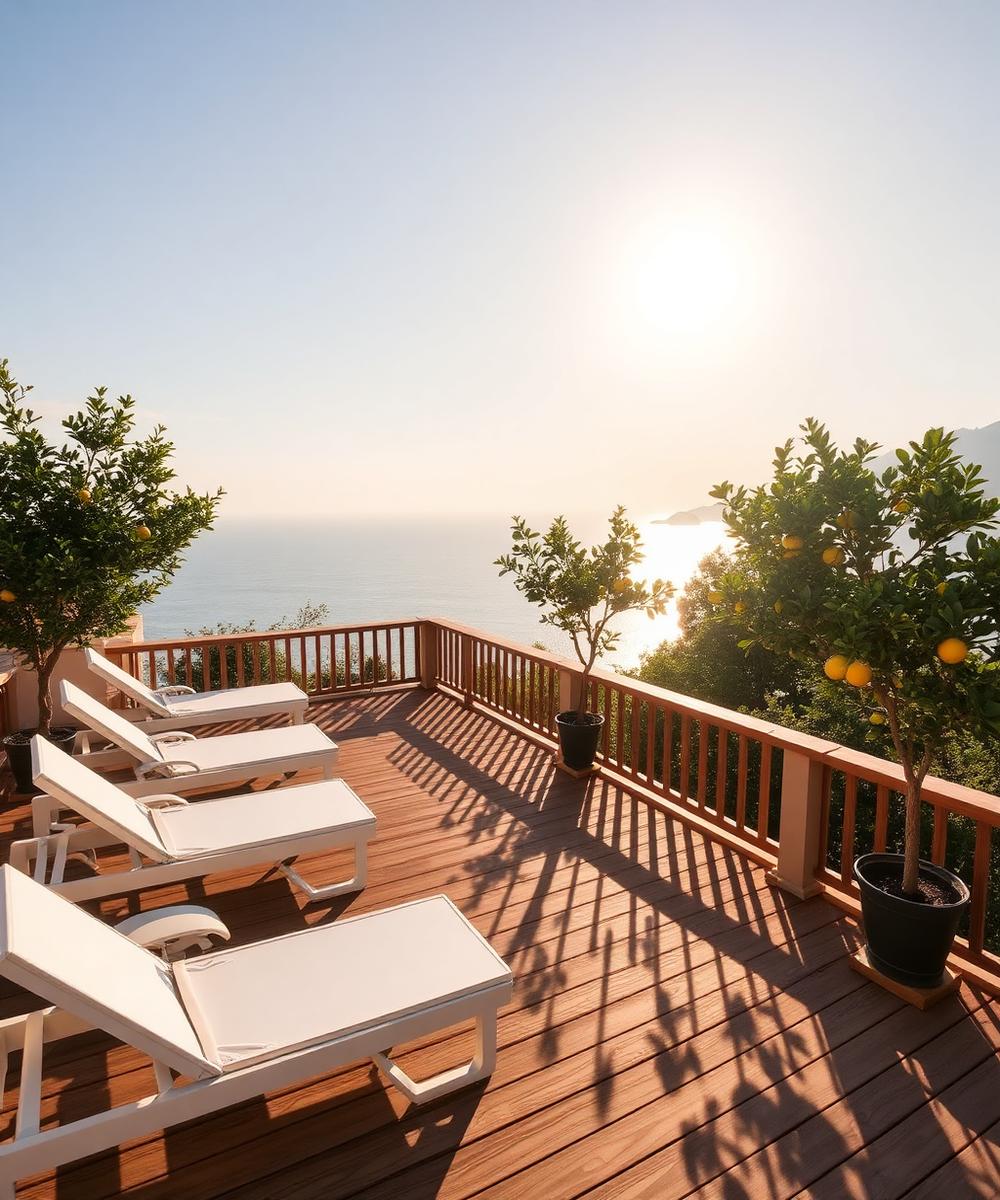 Terrazza panoramica con lettini bianchi e alberi di limoni sul Golfo di Napoli